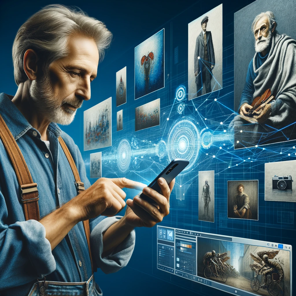 Mobilfreundlich ins Rampenlicht. Das Bild zeigt einen modernen Künstler, der auf seinem Smartphone Kunstwerke betrachtet, umgeben von digitalen Kunstwerken, die die Verbindung zwischen Kunst und digitaler Technologie symbolisieren.