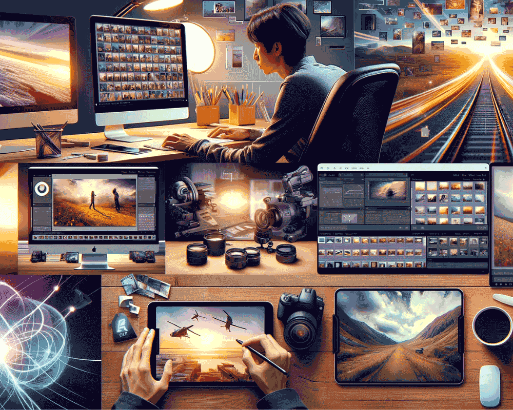 Das Bild, das die verschiedenen Aspekte der Top-Bildbearbeitungssoftware im Jahr 2024 darstellt. Es zeigt eine Collage, die die Verwendung dieser Software in verschiedenen Fotobearbeitungsszenarien wiedergibt.