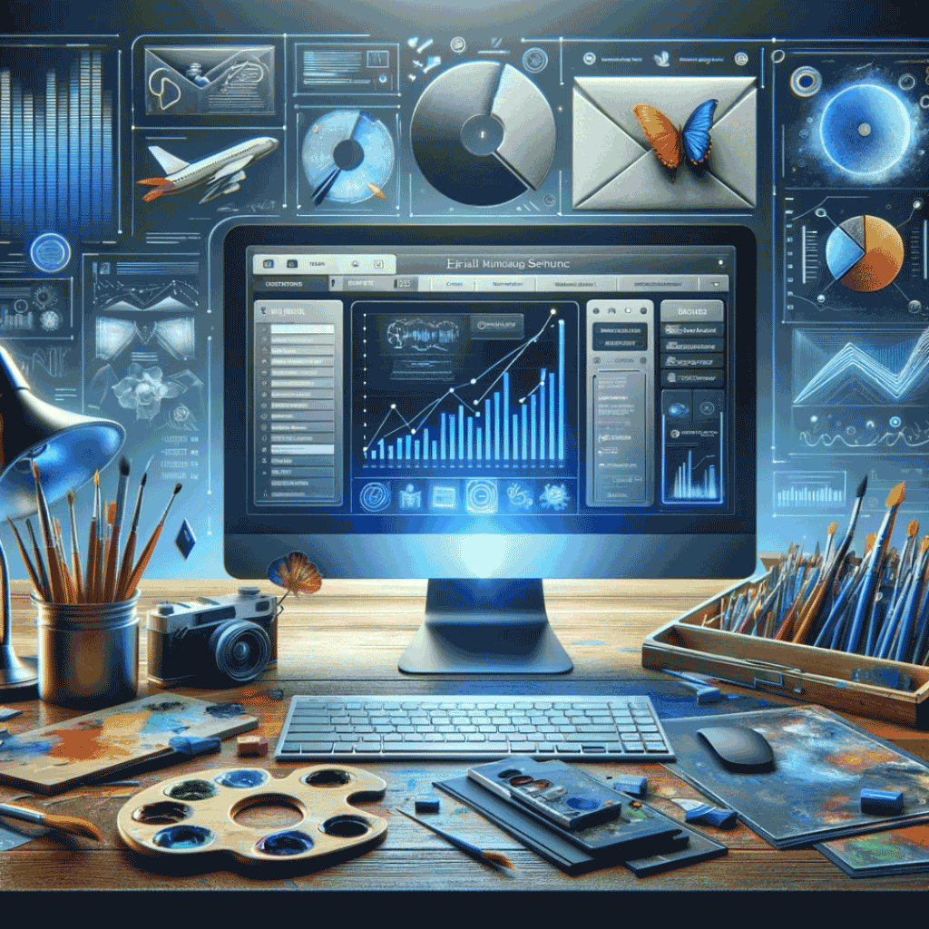 E-Mail Marketing Software - Das Bild ist eine visuelle Darstellung einer E-Mail Marketing Software, die speziell für Künstler und Kreative konzipiert ist. Sie zeigt eine moderne Benutzeroberfläche mit verschiedenen Elementen der Software, umgeben von künstlerischen Gegenständen.