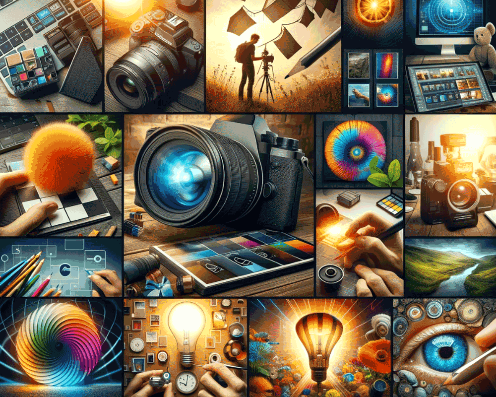 Fotografietechniken - Das Bild, das die verschiedenen Fotografietechniken und -werkzeuge darstellt. Es zeigt eine künstlerische und informative Darstellung der vielfältigen Welt der Fotografie.