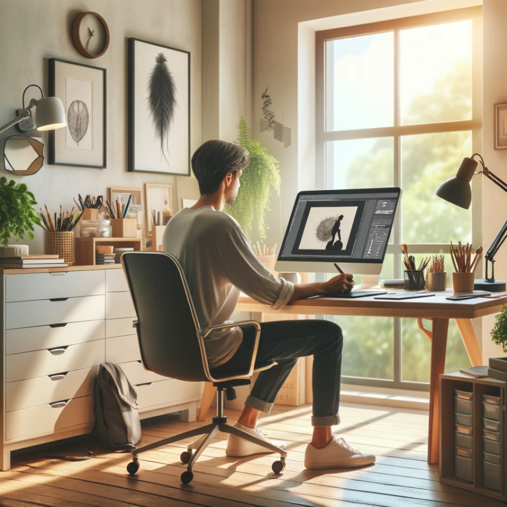 Freelancer - Das Bild zeigt einen Freelancer bei der Arbeit in einem heimischen Büro. Es vermittelt ein Gefühl von Kreativität, Unabhängigkeit und Konzentration, das den Lebensstil eines freiberuflichen Künstlers oder Designers widerspiegelt.
