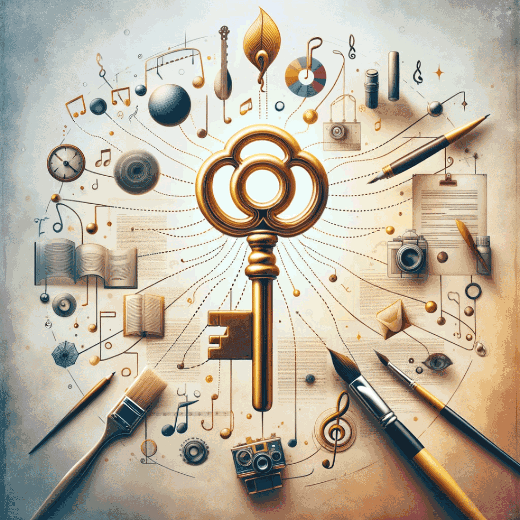Lizenz - Das Bild, stellt den Inhalt des Artikels über die Bedeutung von Lizenzen in den kreativen Künsten dar - Es symbolisiert das Konzept der Lizenzierung durch verschiedene künstlerische Elemente, die mit einem goldenen Schlüssel verbunden sind.
