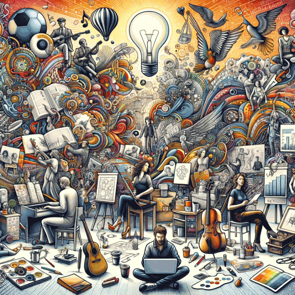Selbstständigkeit für Künstler - Das Bild zeigt eine vielfältige Gruppe von Künstlern und Kreativen, die in ihrer Arbeit vertieft sind, und symbolisiert kreative Freiheit und Unabhängigkeit. Einige sind in einem Heimstudio dargestellt, was die Flexibilität der Selbstständigkeit hervorhebt. Elemente wie ein Laptop, Kunstmaterialien und Musikinstrumente verdeutlichen die verschiedenen Aspekte kreativer Arbeit. Der Hintergrund enthält subtile visuelle Verweise auf geschäftliche Elemente, die die unternehmerische Seite der Selbstständigkeit im kreativen Sektor illustrieren. Die Atmosphäre ist dynamisch und inspirierend und spiegelt die lebendige Welt der künstlerischen Selbstständigkeit wider.
