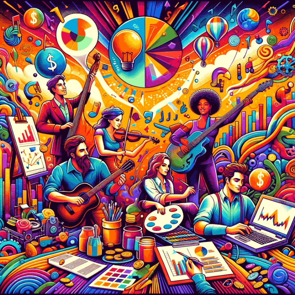 Umsatz - das Bild stellt den Begriff "Umsatz" kreativ dar. Es zeigt verschiedene Künstler und Kreative, die ihre Kunstformen präsentieren, umgeben von Symbolen, die zunehmenden Umsatz symbolisieren.