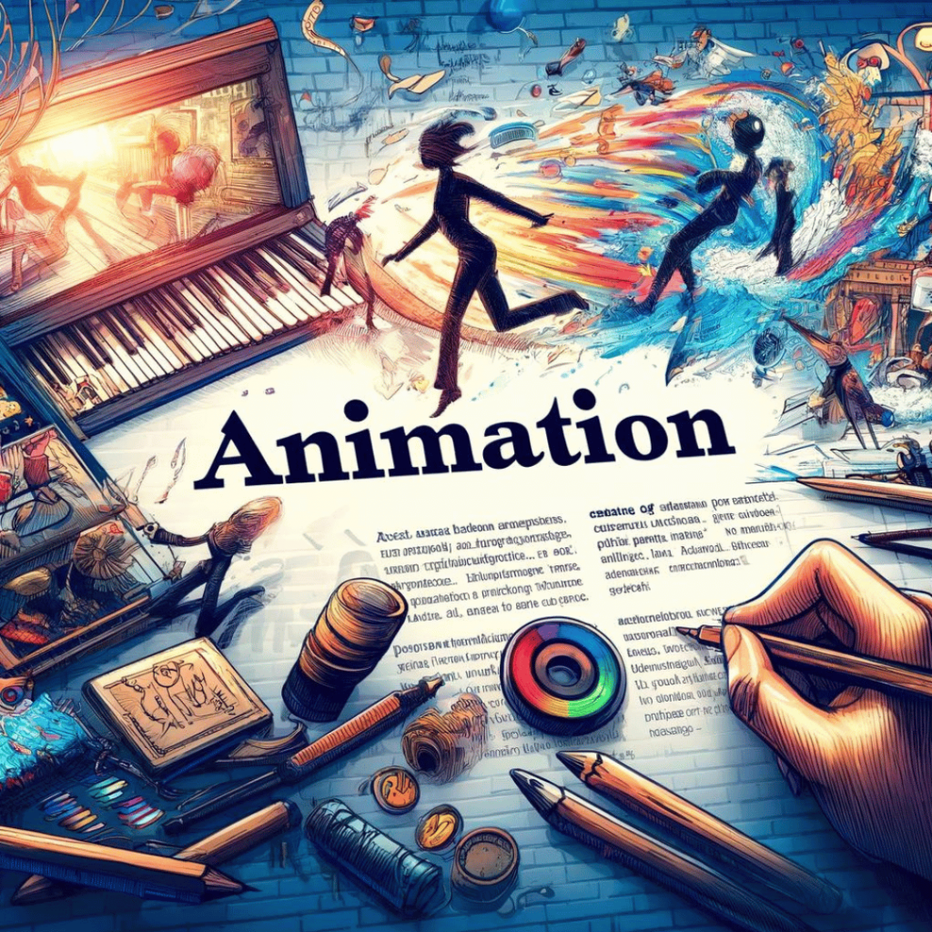 Animationskunst - Das Bild zeigt eine Mischung aus traditioneller handgezeichneter Animation und modernen digitalen Techniken, mit lebhaften Farben und dynamischen Bewegungslinien. Verschiedene Elemente wie ein Storyboard, ein Animationstisch und ein Computerbildschirm mit Animationssoftware sind integriert, um den kreativen Prozess zu symbolisieren.
