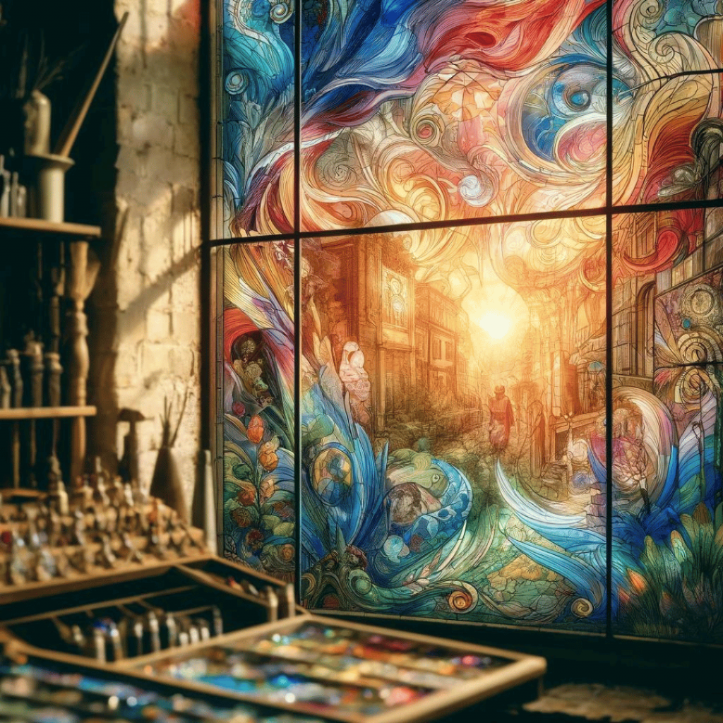 Glasmalerei - Dieses Bild zeigt die faszinierende Kunst der Glasmalerei mit einem detailreichen, farbenfrohen Glasfenster und dem Künstleratelier im Hintergrund. Perfekt, um Ihre Leser auf artpreneure.de zu inspirieren!