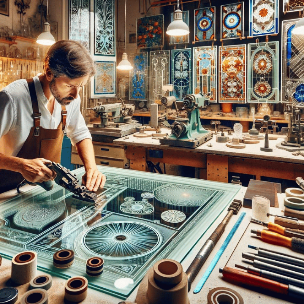 Glasveredler - das Bild, das den Beruf des Glasveredlers (Glasfinisher) anschaulich darstellt. Es zeigt einen Kunsthandwerker bei der Arbeit in seiner Werkstatt, umgeben von verschiedenen Glasobjekten und Werkzeugen. Die kreative und präzise Atmosphäre spiegelt die Kunstfertigkeit und das handwerkliche Können wider, die für diesen Beruf typisch sind.