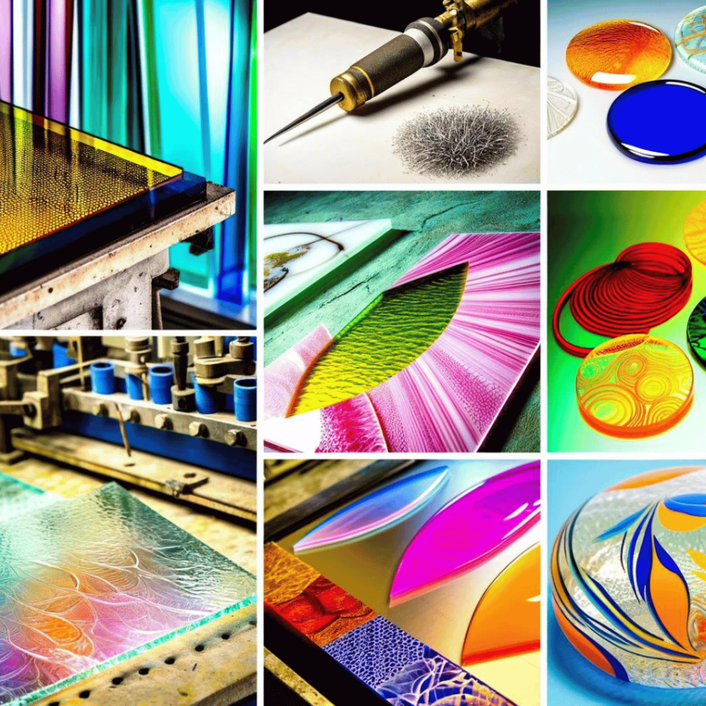 Glasveredlung - Dieses Bild zeigt verschiedene Techniken der Glasveredlung, einschließlich sandgestrahltem Glas, geätztem Glas mit komplizierten Mustern, farbenfrohen Fusing-Designs, laminiertem Glas mit eingebetteten Texturen und einem lasergravierten Glasstück. Die künstlerische Studioatmosphäre mit sichtbaren Werkzeugen und Materialien betont die Handwerkskunst, die in die Glasverarbeitung einfließt.