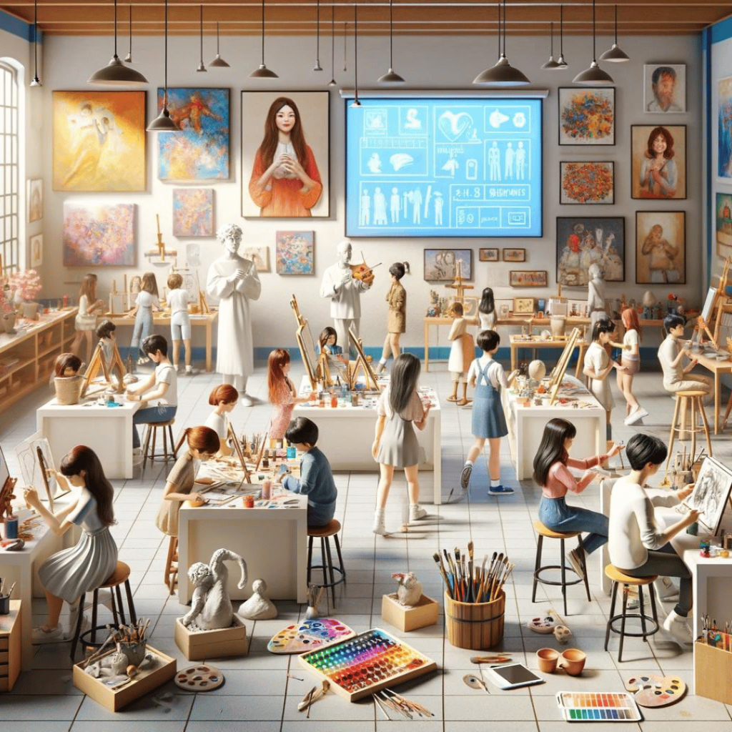 Kunsterziehung - Das Bild zeigt eine lebendige und kreative Atmosphäre in einem Kunstklassenzimmer, in dem Menschen verschiedenen Alters an verschiedenen künstlerischen Aktivitäten teilnehmen.