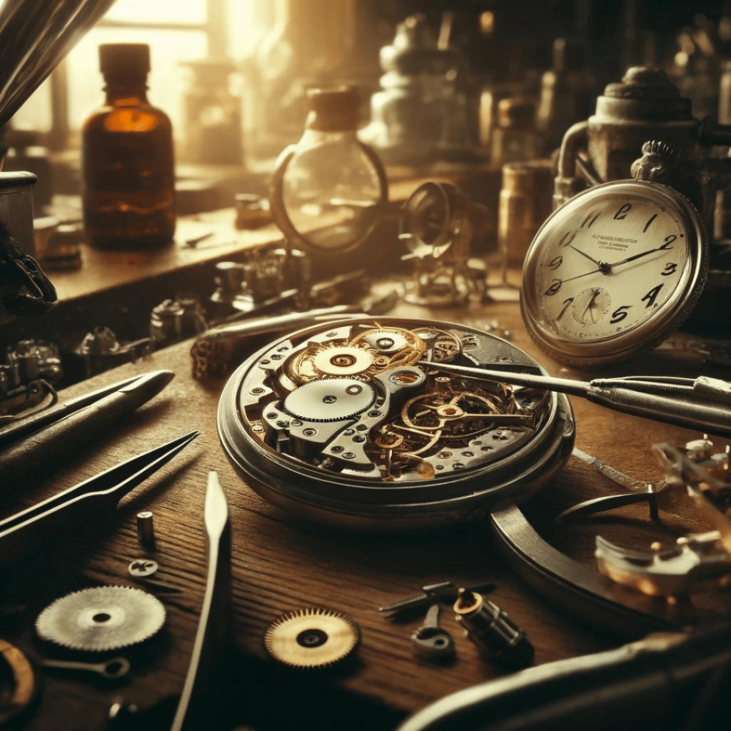 Uhrmacherei - Dieses Bild zeigt eine detaillierte und künstlerische Darstellung des Uhrmacherhandwerks und passt perfekt zu dem Eintrag. Es fängt die Tradition und Präzision der Uhrmacherei ein und wird sicherlich Künstler, Kreative und Kunstliebhaber ansprechen.