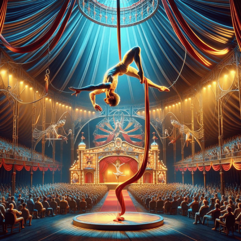 Artist & Akrobat - Die Kulisse zeigt ein Zirkuszelt mit einem begeisterten Publikum und betont die Geschicklichkeit und Anmut des Akrobaten.