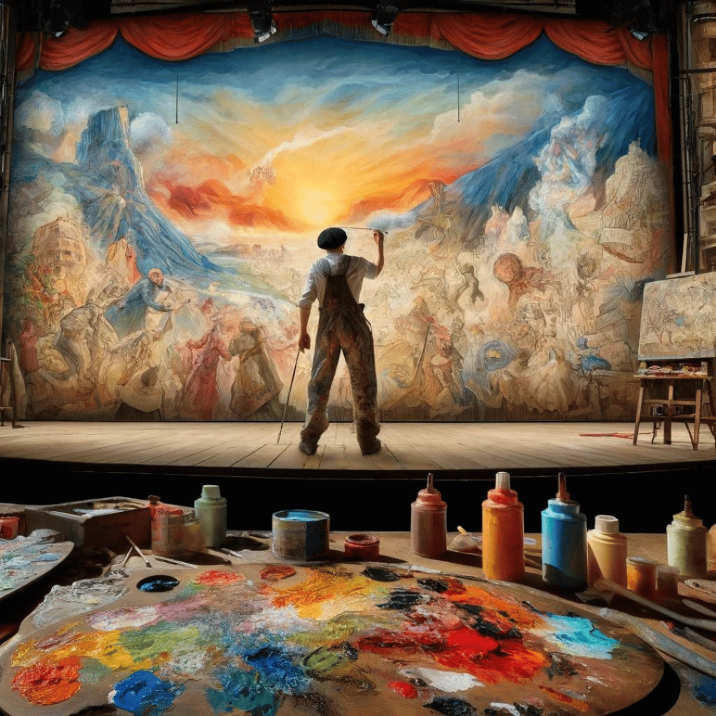 Bühnenmaler - Das Bild zeigt einen Bühnenmaler bei der Arbeit, wie er ein großes, detailreiches Bühnenbild malt. Das Bild vermittelt die kreative und lebendige Atmosphäre, die diese Kunstform ausmacht.