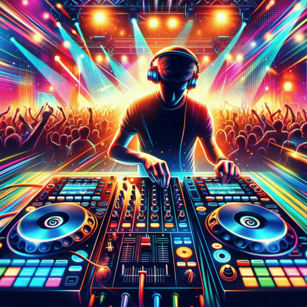 Der DJ - Das Bild Bild zum Lexikon-Eintrag über DJs. Es fängt die dynamische Atmosphäre eines Live-Auftritts perfekt ein und zeigt die zentrale Rolle des DJs in der modernen Musikszene.