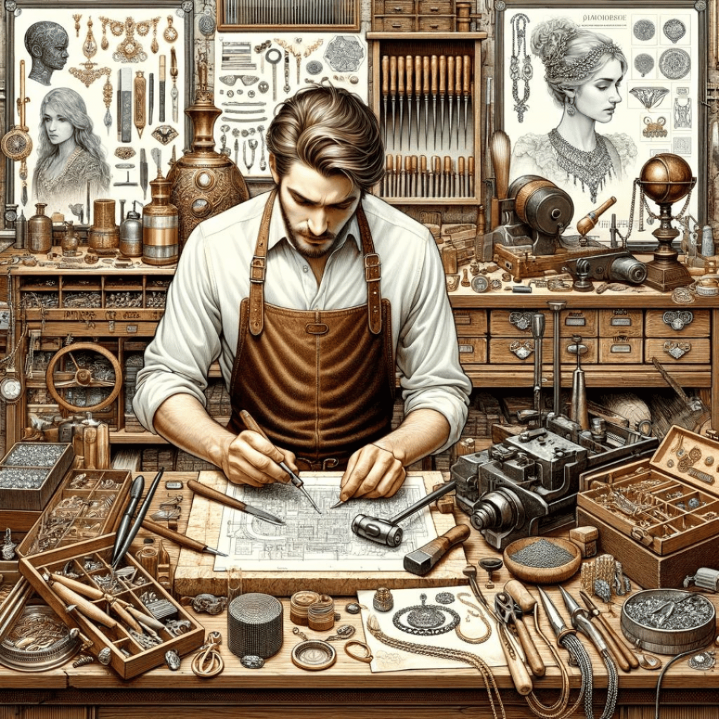 Der Goldschmied - das Bild zeigt einen Goldschmied in seiner traditionellen Werkstatt bei der Arbeit an einem Schmuckstück, umgeben von Werkzeugen und Materialien. Dieses Bild unterstreicht die Kunstfertigkeit und das Handwerk, das in den Beruf des Goldschmieds einfließt.