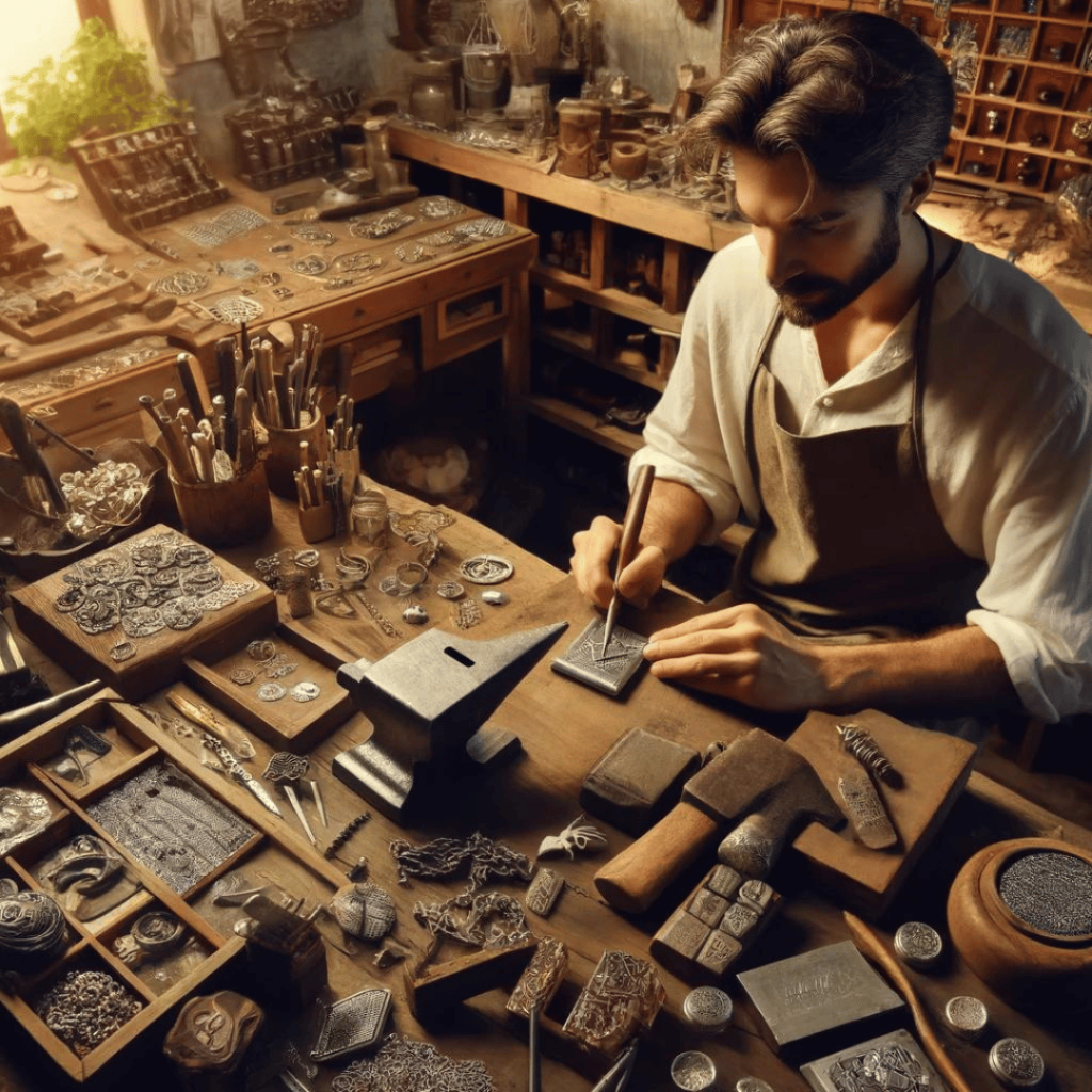 Der Sielberschmied - Das Bild zeigt einen Kunsthandwerker in seiner Werkstatt, umgeben von traditionellen Werkzeugen und silbernen Kunstwerken, die die Detailgenauigkeit und Kunstfertigkeit dieses Handwerks betonen.