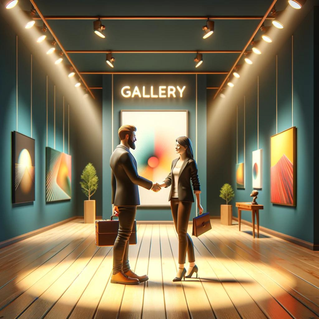 Erfolgreich Kunstgalerien finden und vernetzen -Dieses Bild zeigt eine einladende 3D-Szene, in der ein Künstler einem Galeriebesitzer in einer modernen Galerie die Hand schüttelt. Der Hintergrund umfasst abstrakte Kunstwerke an den Wänden, beleuchtet durch Spotlights, was eine lebendige und kooperative Atmosphäre schafft.