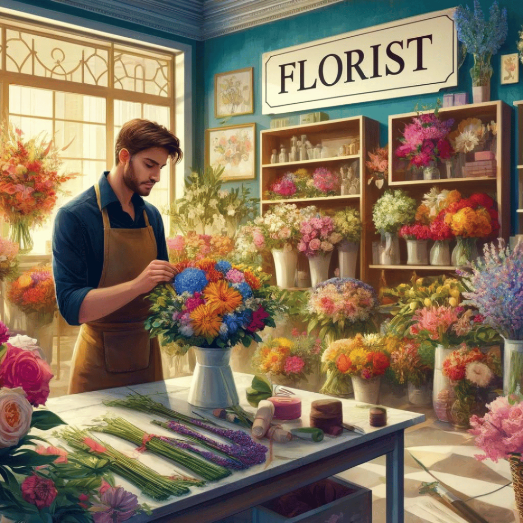 Der Florist - das Bild zeigt eine lebendige Szene in einem Blumenladen, in dem ein Florist ein farbenfrohes Blumenarrangement erstellt. Die Atmosphäre ist einladend und voller frischer Blumen und Pflanzen.