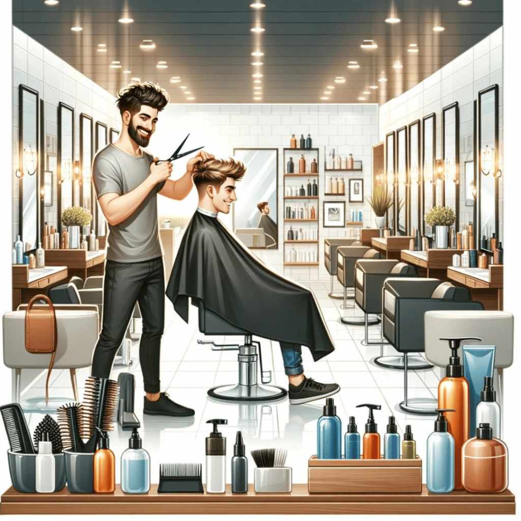 Der Friseur -Dieses Bild zeigt einen gut beleuchteten, zeitgemäßen Friseursalon mit einem Friseur bei der Arbeit. Die Szene spiegelt die freundliche und einladende Atmosphäre wider.