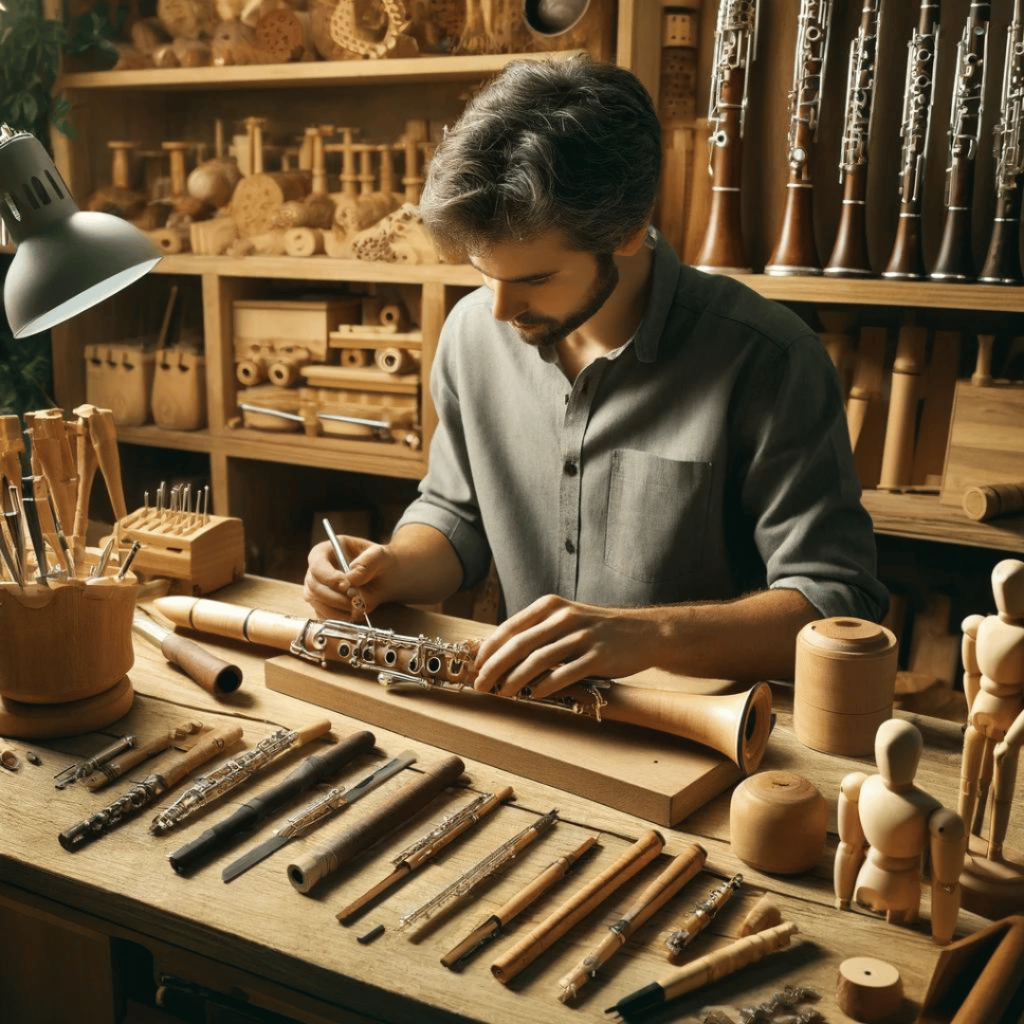 Holzblasinstrumentenmacher - Das Bild zeigt einen erfahrenen Handwerker in seiner Werkstatt, der an einem Holzblasinstrument arbeitet, umgeben von Werkzeugen und verschiedenen Hölzern.