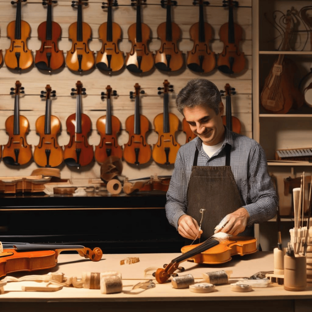 Instrumentenbauer - Das Bild zeigt einen Instrumentenbauer in seiner Werkstatt, umgeben von verschiedenen Musikinstrumenten und Werkzeugen, während er sorgfältig an einer Violine arbeitet. Die warme, einladende Atmosphäre der Werkstatt unterstreicht die Kunstfertigkeit und Hingabe, die in den Beruf des Instrumentenbauers einfließen.