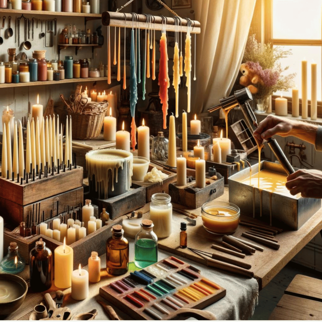 Kerzenhersteller - Das Bild zeigt eine künstlerische Werkstatt mit verschiedenen Werkzeugen und Materialien, sowie Kerzen in unterschiedlichen Produktionsstadien. Die warme und einladende Atmosphäre betont die kreative Seite dieses Kunsthandwerks.