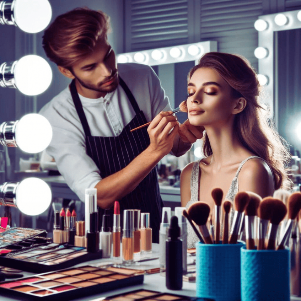 Make-up Artist - Dieses Bild zeigt einen professionellen Make-up Artist bei der Arbeit in einem gut beleuchteten Studio und veranschaulicht die Kreativität und Präzision, die in diesem Beruf erforderlich sind.