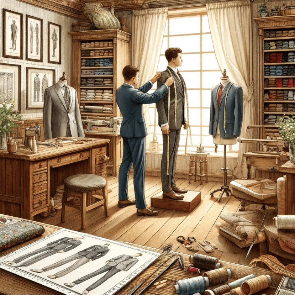 Maßschneider - zeigt einen Schneider bei der Arbeit in seiner Werkstatt, umgeben von Stoffen, Werkzeugen und anderen Utensilien, die den handwerklichen Charakter des Berufs unterstreichen.
