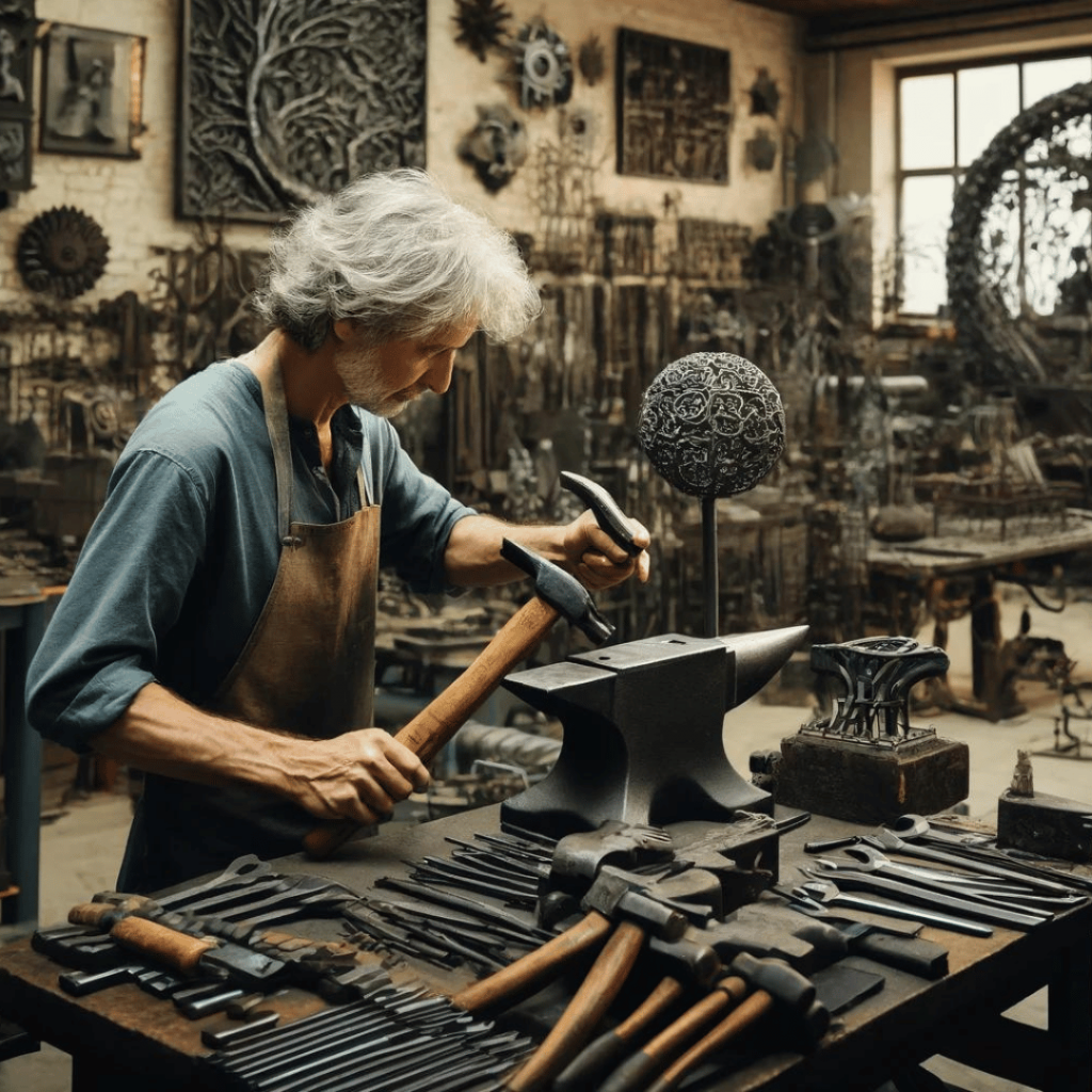 Der Metallbildner - Das Bild zeigt den Metallbildner in seiner Werkstatt. Es visualisiert die Beschreibung und den Arbeitsprozess des Künstlers bei der Erstellung eines Metallkunstwerks.