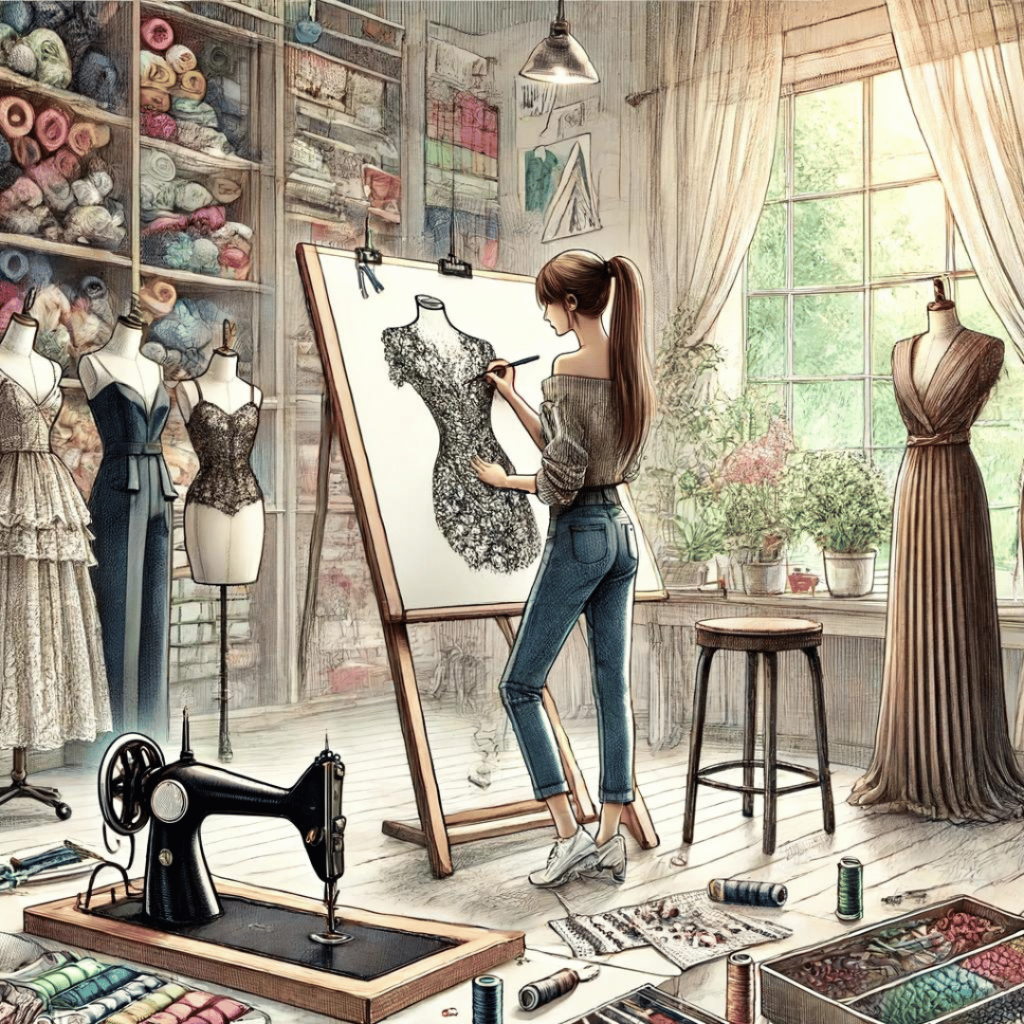 Modeschneider - Das Bild zeigt einen Modeschneider in einem modernen Studio, umgeben von Skizzen, Stoffen und stilvollen Mannequins. Das Bild vermittelt die kreative und dynamische Atmosphäre eines Modeateliers.