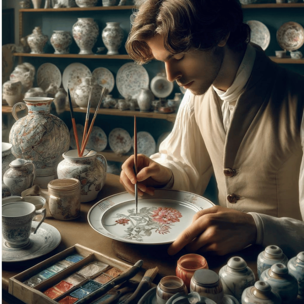 Der Porzellanmaler - Das Bild zeigt die Kunst und das Handwerk eines Porzellanmalers bei der Arbeit. Das Bild fängt die Präzision und die Kreativität dieses einzigartigen Handwerks perfekt ein.