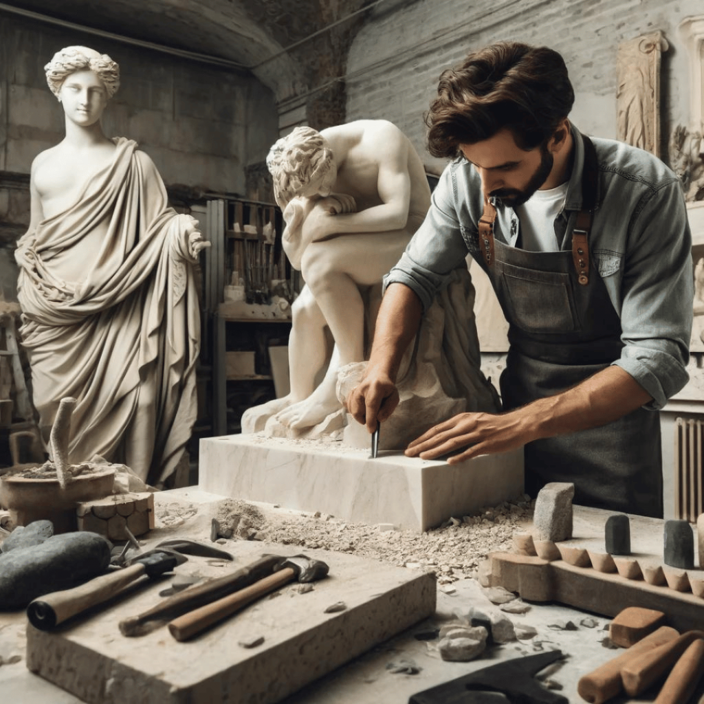 Steinbildhauer - Das Bild zeigt einen erfahrenen Steinbildhauer, der in einer Werkstatt an einer Marmorskulptur arbeitet, umgeben von Werkzeugen und anderen Steinskulpturen. Das Bild veranschaulicht die Kombination von Kunst und Handwerk, die diesen Beruf ausmacht.