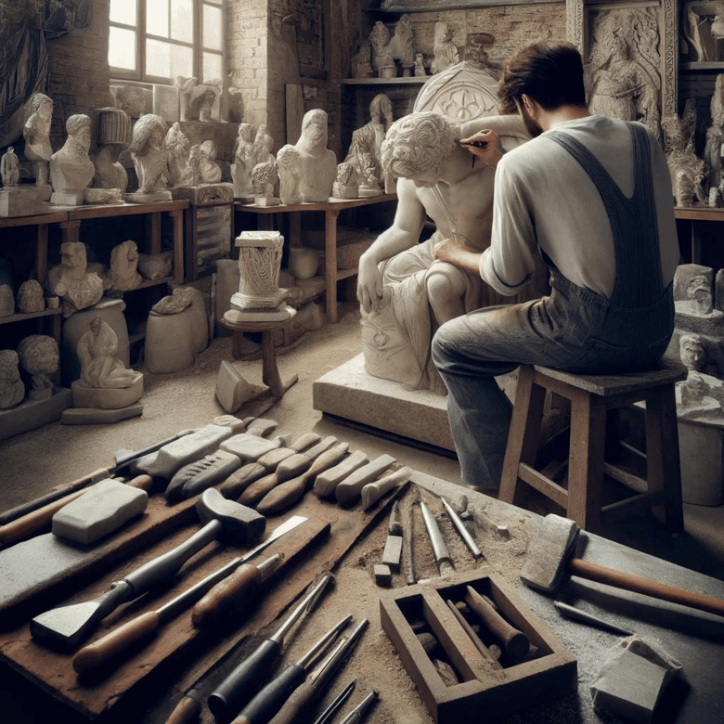 Steinbildhauerei - Das Bild zeigt einen Bildhauer bei der Arbeit an einer Marmorstatue in einer traditionellen Werkstattumgebung.