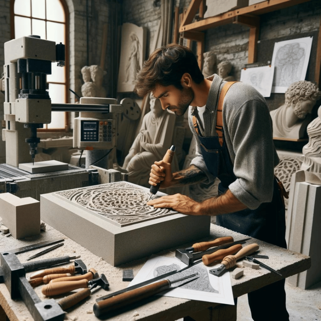 Steinmetz - Dieses Bild zeigt einen talentierten Steinmetz, der an einer detaillierten Steinskulptur arbeitet, umgeben von traditionellen und modernen Werkzeugen in einer beleuchteten Werkstatt.