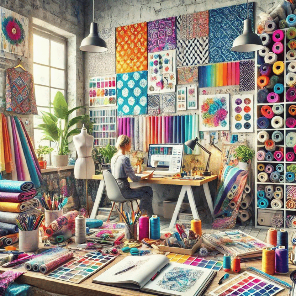 Textildesigner - das Bild zeigt eine lebendige und kreative Arbeitsumgebung eines Textildesigners, die den kreativen und detailorientierten Charakter des Berufs unterstreicht.