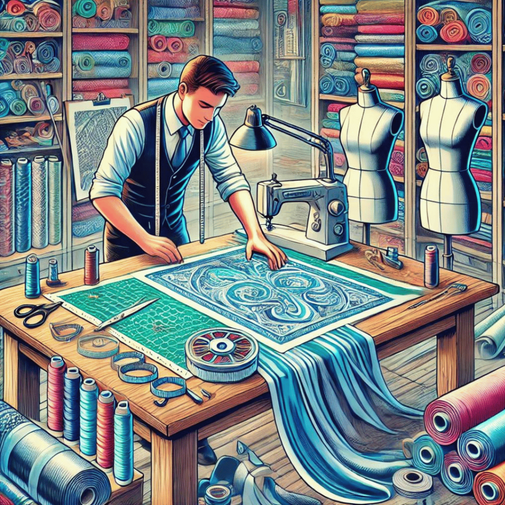 Textilschneider - zeigt einen Textilschneider bei der Arbeit in einem gut organisierten Studio, umgeben von Stoffrollen und Schneidewerkzeugen. Das Bild vermittelt die Kreativität und das handwerkliche Geschick, die in diesem Beruf erforderlich sind.