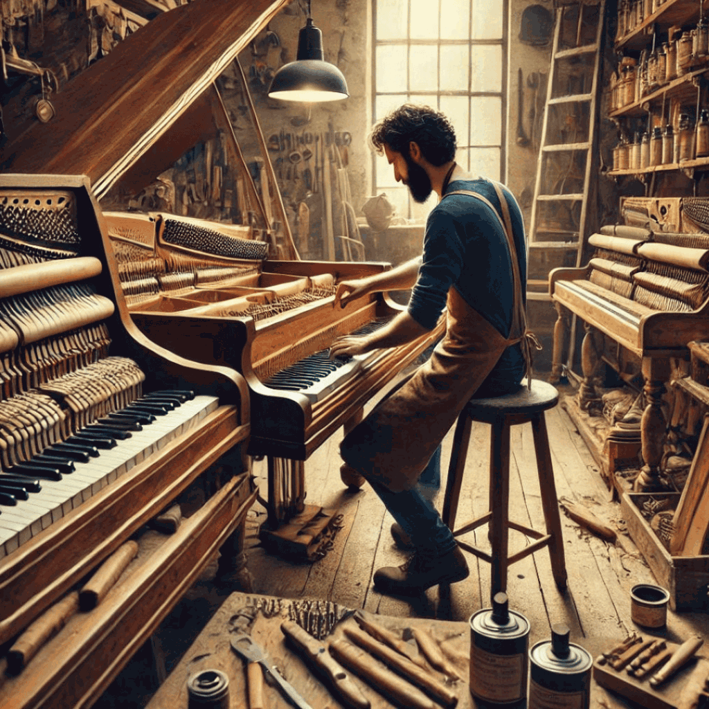 Klavierbauer - Bild zum Lexikon-Eintrag "Klavierbauer". Es zeigt einen erfahrenen Klavierbauer bei der Arbeit in seiner Werkstatt, umgeben von Klavierteilen und Werkzeugen. Die Szene vermittelt die handwerkliche Präzision und Hingabe, die in diesem Beruf notwendig sind.