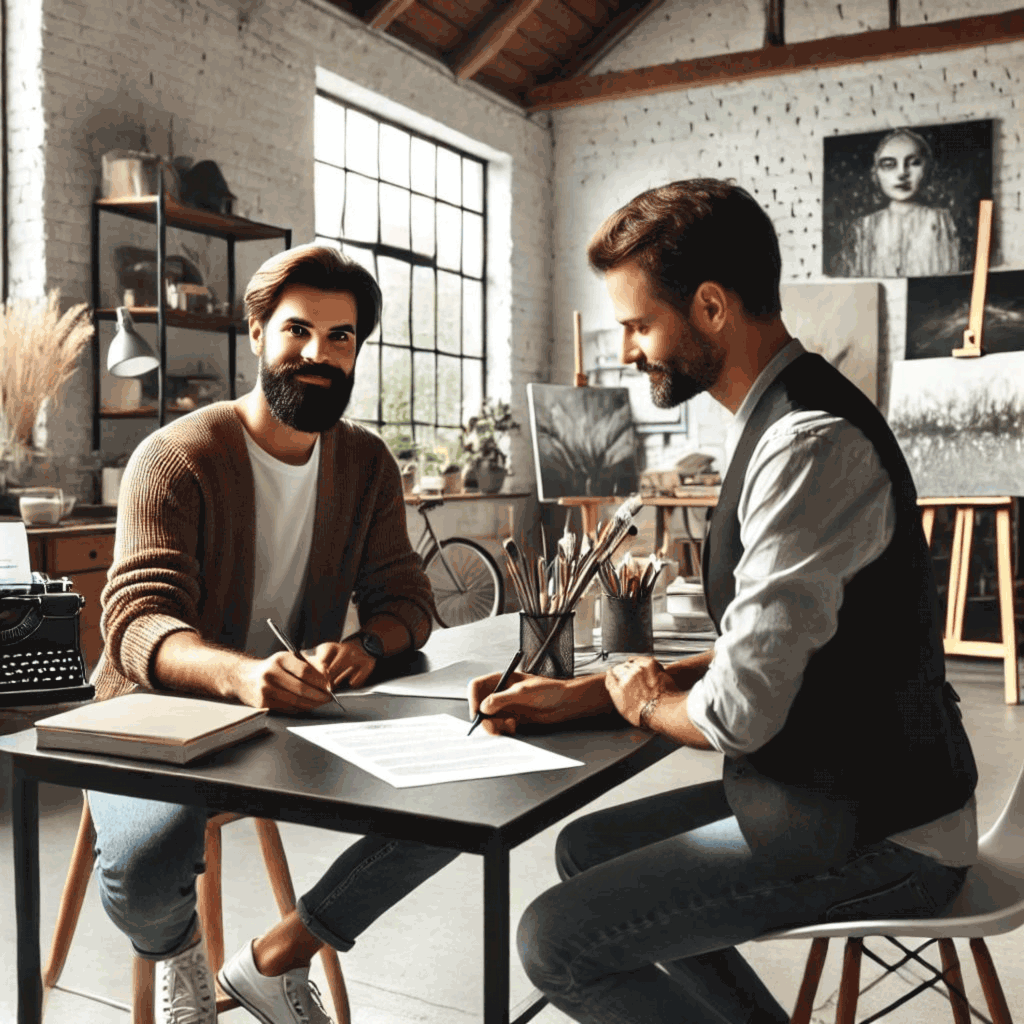 Mietvertrag für Künstler - das Bild zeigt eine professionelle und kreative Szene, in der ein Künstler in einem modernen, stilvollen Studio einen Mietvertrag unterschreibt.