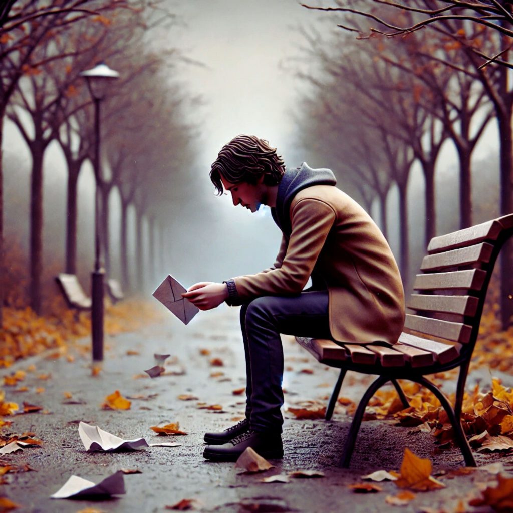 Ablehnung als Künstler und wie du damit umgehst: auf dem Bild sieht man einen Künstler auf einer bank sitzen, traurig, mit einem Brief der Ablehnung in der Hand