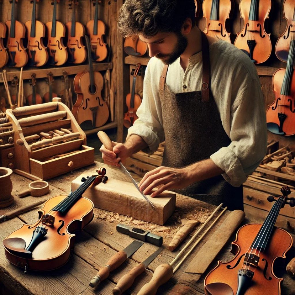 Instrumentenbauer werden: das Bild, das den traditionellen Instrumentenbauer in seiner Werkstatt zeigt, während er sorgfältig ein Musikinstrument bearbeitet. Es fängt die Atmosphäre handwerklicher Präzision und Liebe zum Detail perfekt ein.