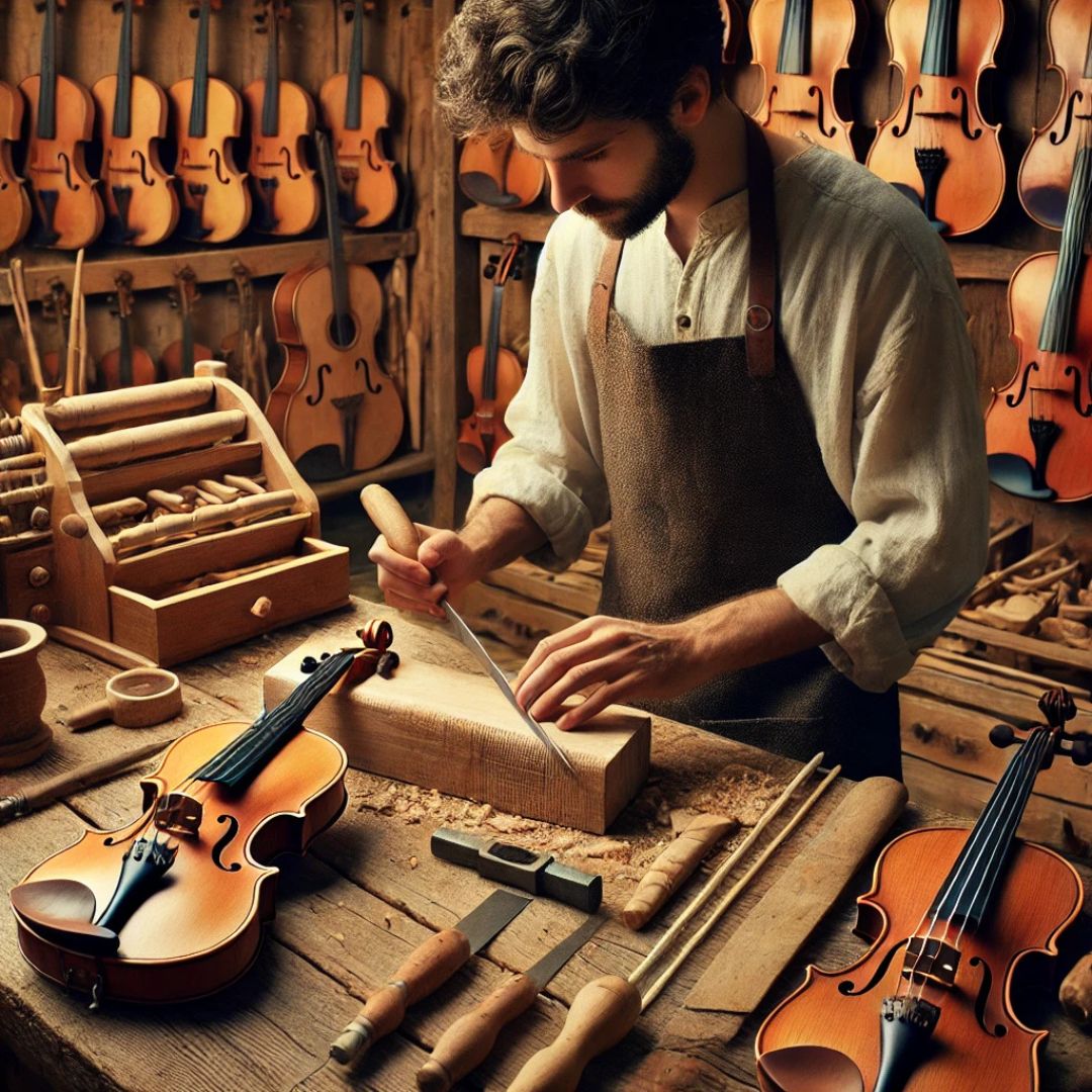 Instrumentenbauer werden: das Bild, das den traditionellen Instrumentenbauer in seiner Werkstatt zeigt, während er sorgfältig ein Musikinstrument bearbeitet. Es fängt die Atmosphäre handwerklicher Präzision und Liebe zum Detail perfekt ein.