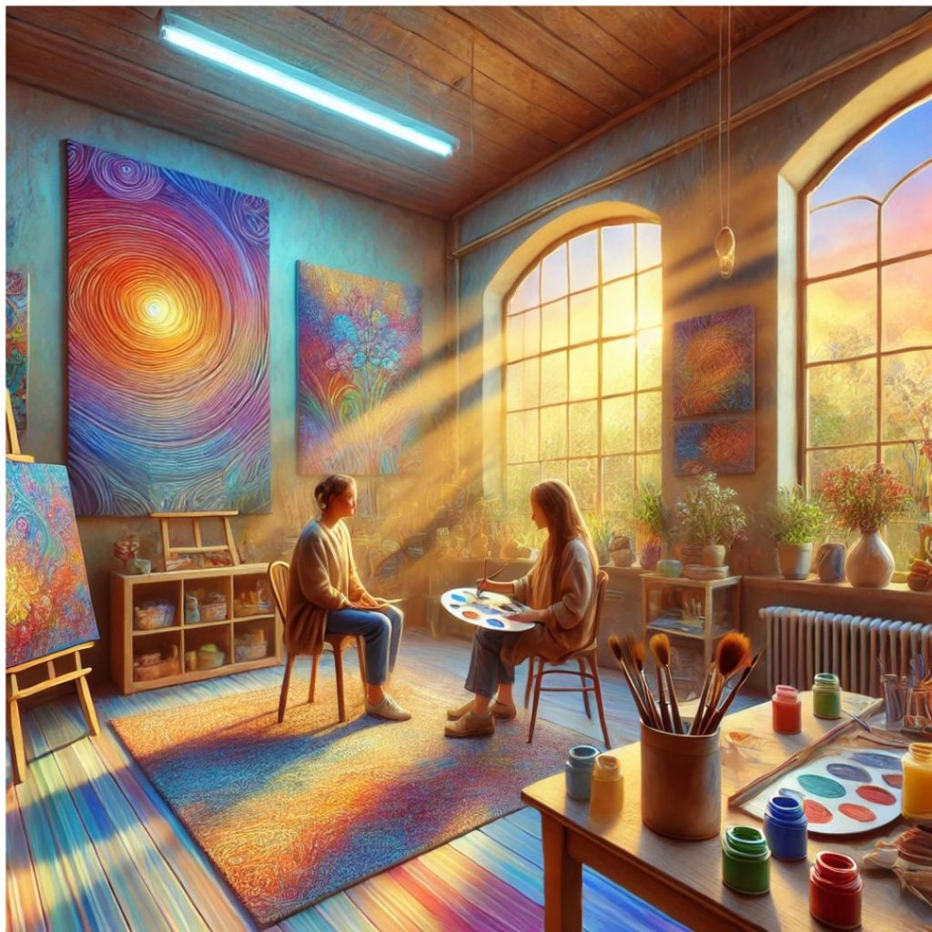 Kunsttherapeut werden: Das Bild zeigt eine lebensechte Kunsttherapie-Sitzung in einem einladenden, kreativen Umfeld. Dieses Bild symbolisiert perfekt die Atmosphäre und den Kern der Kunsttherapie.