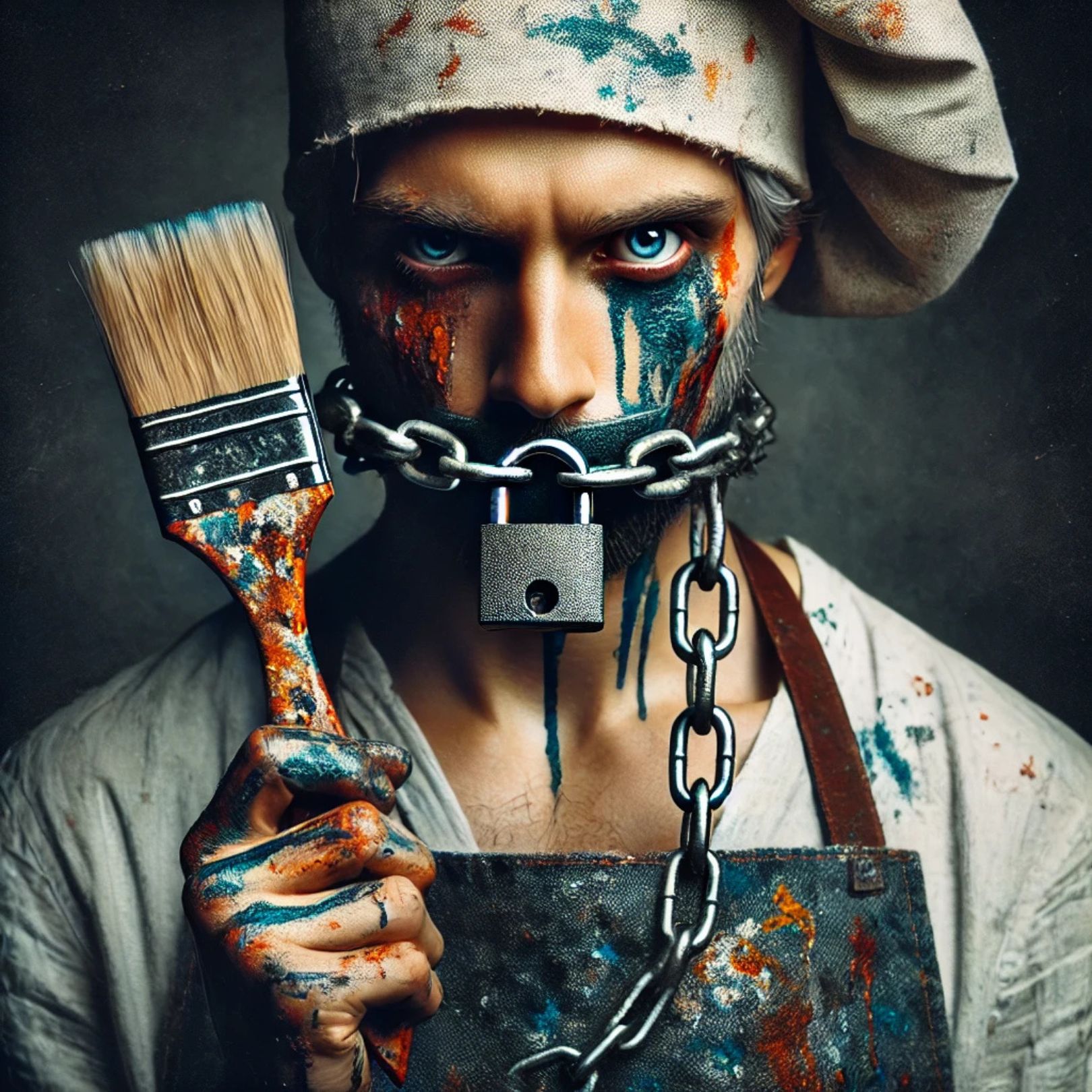 Ich bin Künstler - und ich will mich nicht verkaufen; das Bild zeigt einen Künstler der eine farbbespritzte Schürze trägt, er hält einen Pinsel, aber sein Mund ist mit einem Schloss und Ketten verschlossen – ein noch starkes Symbol für das innere Dilemma zwischen Kreativität und Vermarktung.