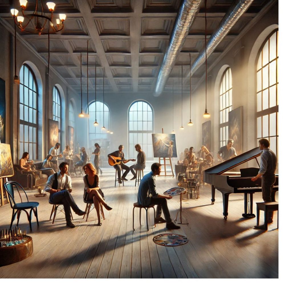 Kontakte für Künstler. Das Bild zeigt verschiedene Künstler:innen, die ihre Werke präsentieren, musizieren, tanzen und sich austauschen.