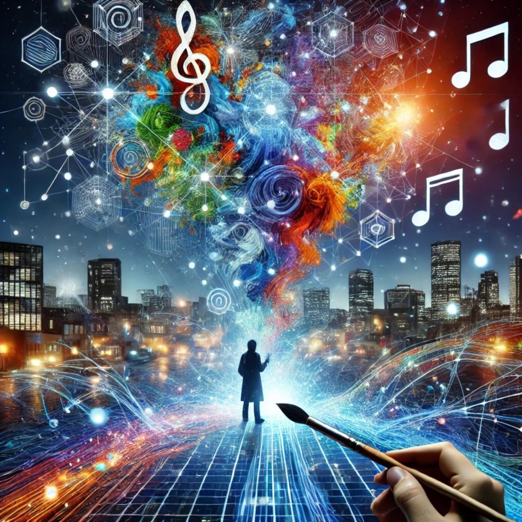 Big Data, das Bild visualisiert die Verbindung zwischen Big Data und der kreativen Branche auf eine moderne und künstlerische Weise.