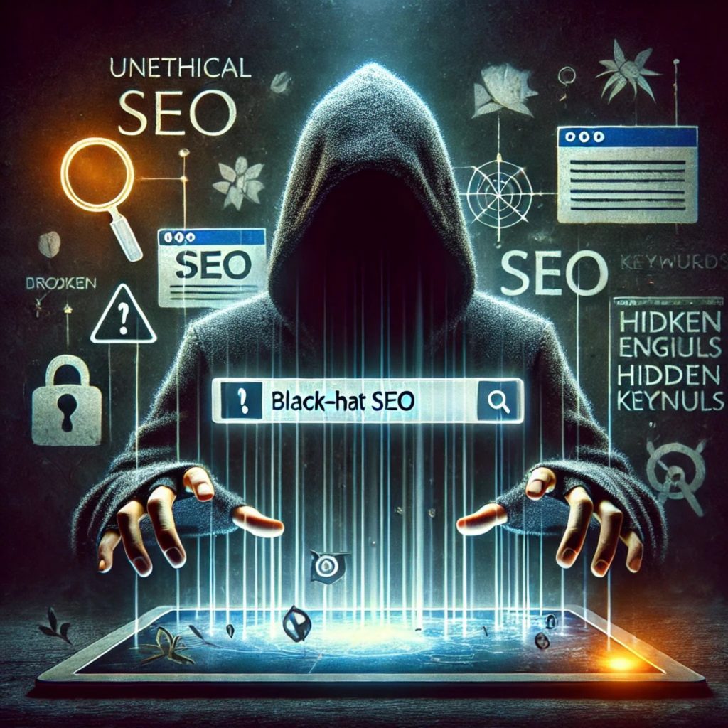 Black Hat Seo - das Bild visualisiert Black-Hat-SEO in einem kreativen und künstlerischen Kontext und passt perfekt zum Thema des Beitrags