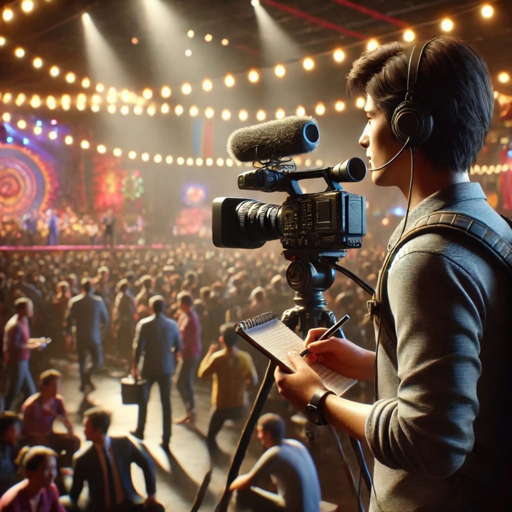 Fotojournalist werden - Die Szene zeigt einen professionellen Journalisten, der aufmerksam eine lebendige Veranstaltung dokumentiert – sei es eine kulturelle Feier, eine Pressekonferenz oder eine Kunstmesse.