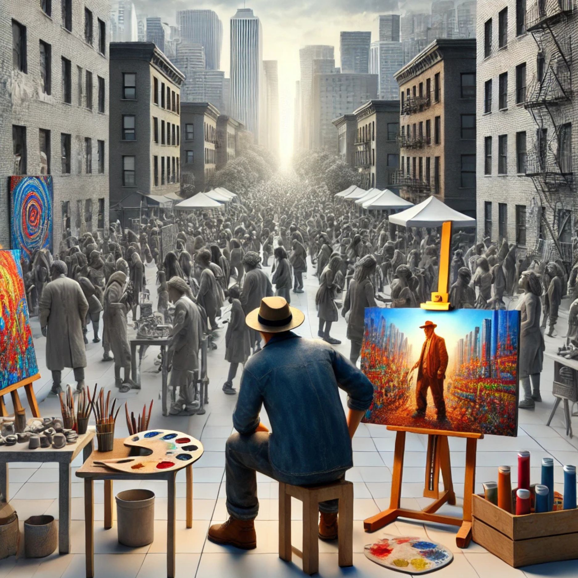 Warum Künstler oft in der falschen Community stecken: Das Bild zeigt die Spannung zwischen einer uninspirierten Community und einer lebendigen, kreativen Künstlergemeinschaft.