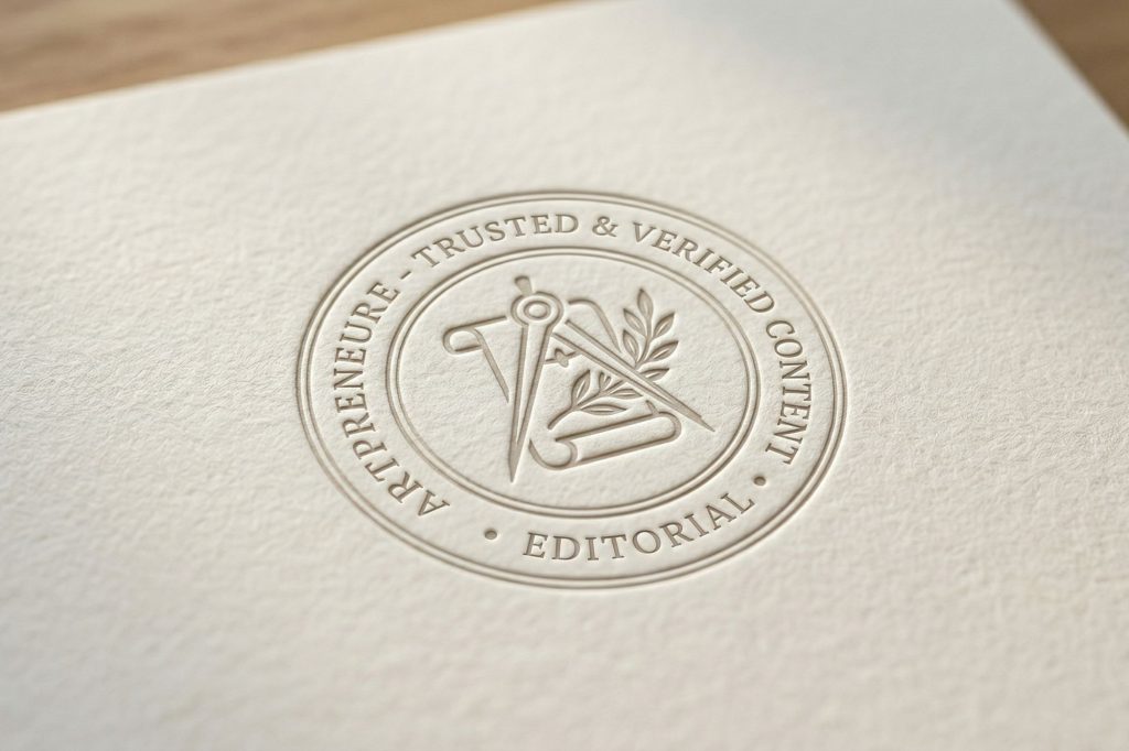 Nahaufnahme von hochwertigem, cremewei&szlig;em Papier mit einer feinen Textur. In das Papier ist ein kreisf&ouml;rmiges Siegel als Blindpr&auml;gung eingearbeitet. Das Siegel zeigt im Zentrum ein k&uuml;nstlerisches Symbol aus Zirkel, Feder und einem Lorbeerschmuck. Die Umschrift in eleganter Serifenschrift lautet: &bdquo;ARTPRENEURE - TRUSTED &amp; VERIFIED CONTENT &bull; EDITORIAL&ldquo;. Die Pr&auml;gung wirkt haptisch und edel durch das Spiel von Licht und Schatten.