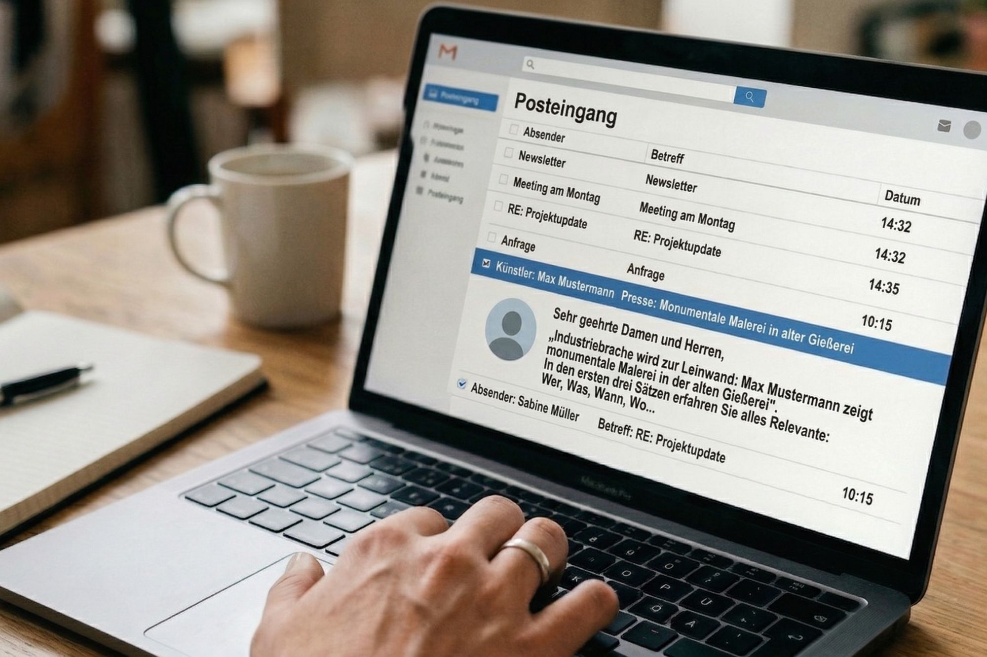Ein Nahaufnahme-Foto eines ge&ouml;ffneten Laptops auf einem Holztisch, auf dem der Posteingang eines E-Mail-Programms zu sehen ist. Die Benutzeroberfl&auml;che ist auf Deutsch und zeigt eine Liste von E-Mails, von denen eine mit dem Betreff &bdquo;K&uuml;nstler: Max Mustermann Presse: Monumentale Malerei in alter Gie&szlig;erei&ldquo; ausgew&auml;hlt ist. Die Hand einer Person mit einem Ehering bedient den Trackpad des Laptops, w&auml;hrend links daneben eine Tasse Kaffee und ein Notizbuch mit einem Stift stehen. Der Hintergrund ist leicht unscharf.