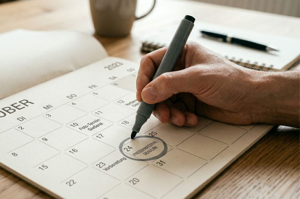 Die Kunst der Pressemitteilung: Wie du Redakteure wirklich erreichst 4 Ein Nahaufnahme-Foto eines Mannes, der mit einem grauen Marker einen Kreis auf einen Wandkalender zeichnet, der auf einem hellen Holztisch liegt. Der Mann hält den Marker in seiner rechten Hand, die auf der 24. Box des Kalenders für den Monat Oktober positioniert ist. Das Wort "Oktober" steht in großen, fetten, schwarzen Buchstaben oben auf dem Kalenderblatt. In der unteren, rechten Ecke des Kreises steht das Wort "PRESSEMATERIAL DEADLINE". Die 24 steht im Zentrum des Kreises. Links von der 24, in der Box für den 23., steht das Wort "VORBEREITUNG". Der Hintergrund ist leicht unscharf, aber im linken, oberen Bereich ist eine Kaffeetasse und eine Notizblock mit einem Stift zu sehen. Die Beleuchtung ist weich und natürlich.